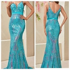 Blue Party Contrast Sequin Spaghetti Strap cami Mermaid Maxi Formal Gown